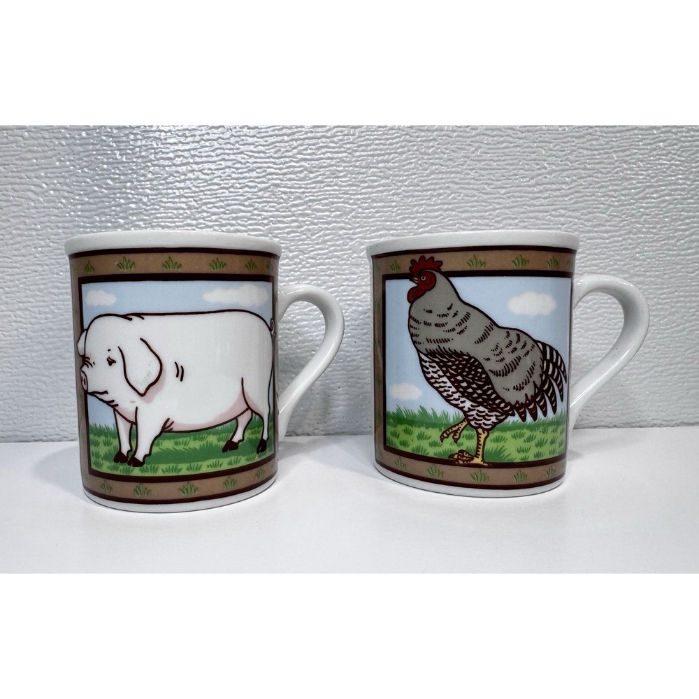 VTG Porcelain Rooster Chicken Mug & Pig Farm Barn Silo mug Cup 10 oz Farmhouse